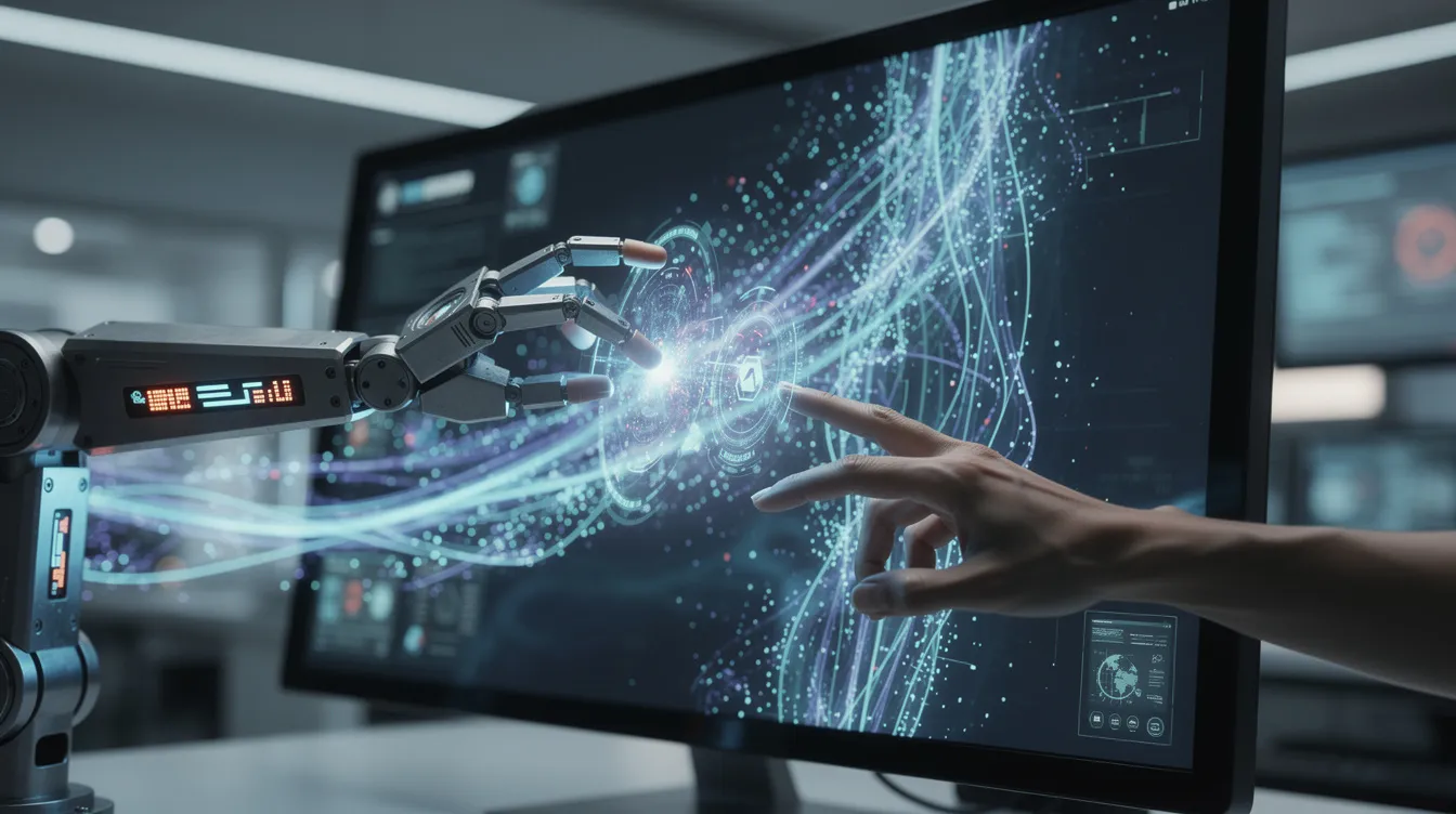 Ein Roboterarm und eine menschliche Hand arbeiten gemeinsam an einem digitalen Bildschirm, auf dem leuchtende Datenströme sichtbar sind. Diese Interaktion symbolisiert die Zusammenarbeit zwischen Mensch und agentischer KI in modernen Arbeitsumgebungen.