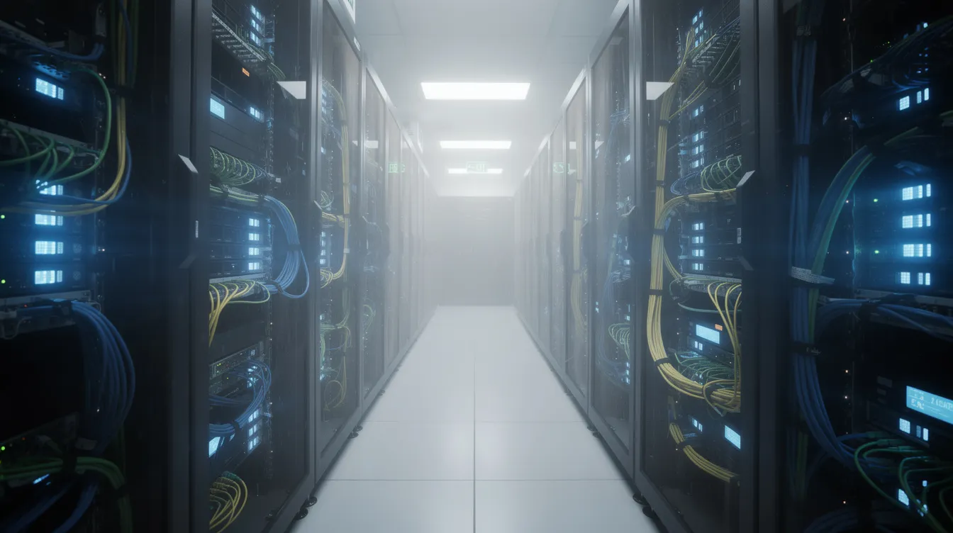 Der Serverraum ist in blauem LED-Licht beleuchtet und enthält zahlreiche Netzwerkkabel, die symbolisch für die Datenverarbeitung in modernen Unternehmen stehen. Diese Umgebung ist entscheidend für die Entwicklung und Implementierung von KI-Modellen und -Systemen, die zur Verarbeitung und Analyse von Kundendaten genutzt werden.