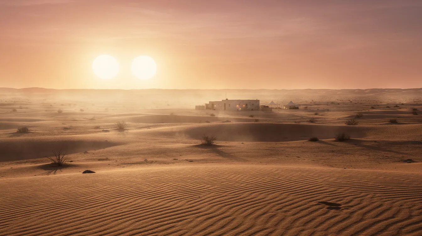Die weitläufige Wüstenlandschaft zeigt zwei Sonnen, die am Horizont scheinen, während in der Ferne eine kleine Siedlung sichtbar ist. Diese Szenerie erinnert an die epischen Kämpfe und Abenteuer aus dem Star Wars Universum, in dem Jedi und Sith um die Kontrolle über die Galaxie ringen.