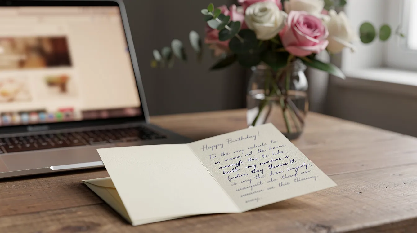 Auf einem hölzernen Schreibtisch liegt eine handgeschriebene Geburtstagskarte neben einem Laptop, während im Hintergrund frische Blumen zu sehen sind. Die Karte enthält liebevolle Geburtstagswünsche und Grüße für das Geburtstagskind.