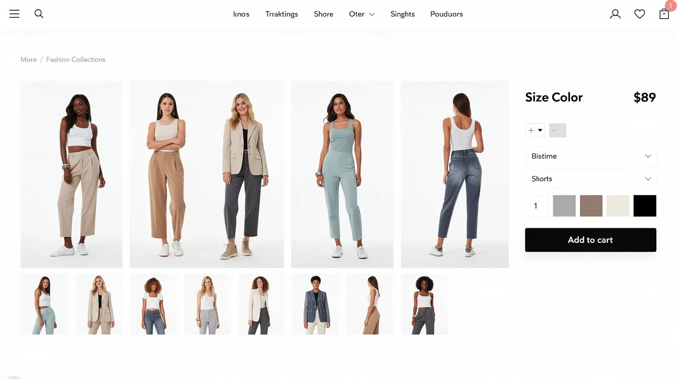 Die Abbildung zeigt eine E-Commerce-Modeproduktseite mit einer Vielzahl von Outfit-Variationen, präsentiert von einer vielfältigen Gruppe von Models in unterschiedlichen Posen. Die Models repräsentieren verschiedene Stile und Trends der Modebranche und verdeutlichen die Einsatzmöglichkeiten von KI-Systemen in der Modewerbung.