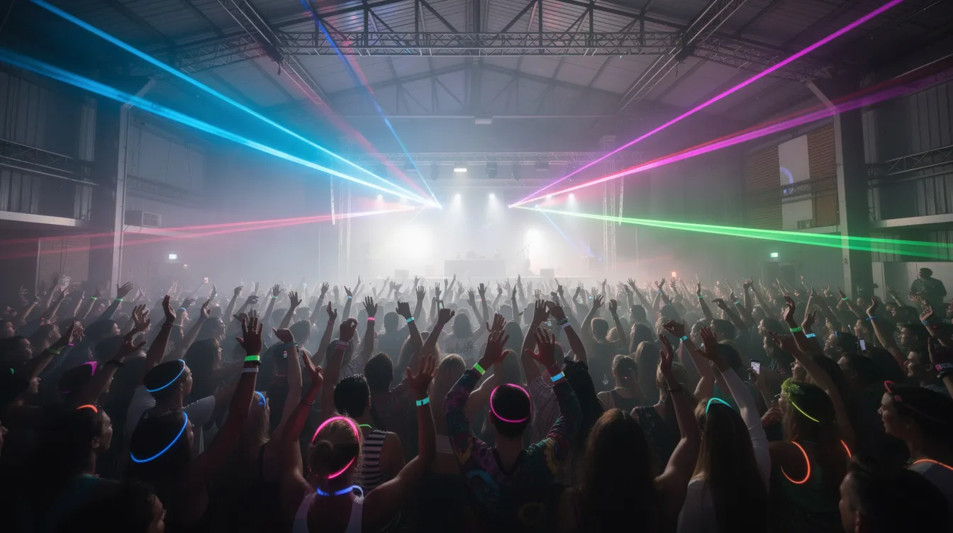 Eine begeisterte Menschenmenge tanzt bei einem Rave in einer großen Halle, während die Teilnehmer ihre Hände in die Luft heben und bunte Laserstrahlen durch den Raum schneiden. Die Atmosphäre ist geprägt von pulsierenden Techno-Sounds und einer elektrisierenden Vibe, die die Besucher bis in die frühen Morgenstunden mitreißt.