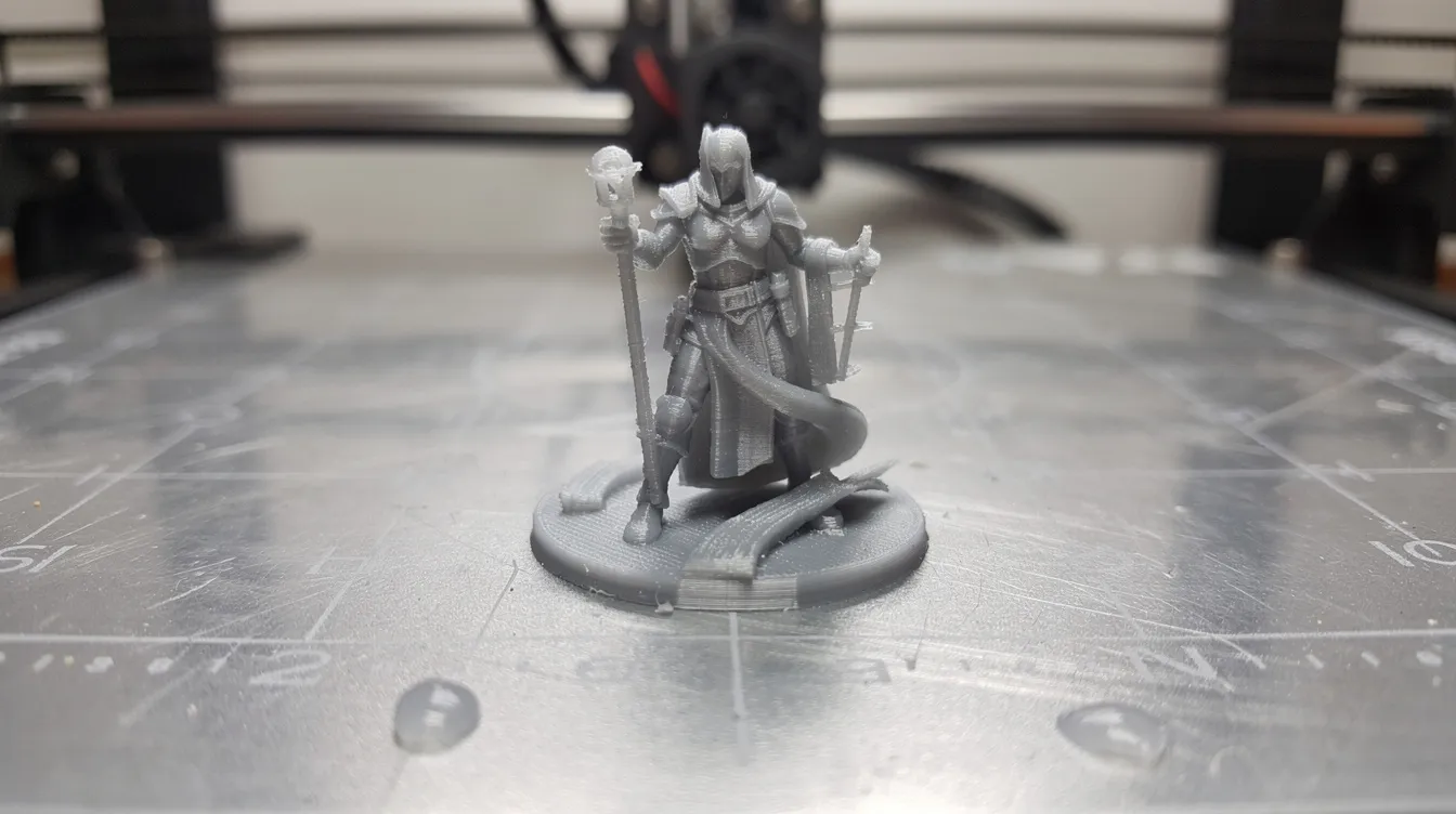 Die Abbildung zeigt eine kleine, detailreiche Resin-Miniatur auf einer Druckplatte, die die sichtbare Schichtstruktur des 3D-Drucks deutlich macht. Diese 3D-Modelle sind ideal für kreative Projekte und zeigen die Möglichkeiten der 3D-Generierung und Texturierung.
