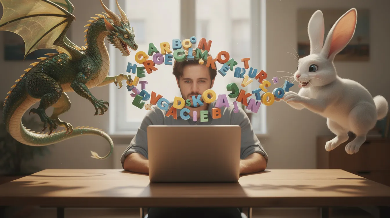 Eine Person sitzt an einem Schreibtisch mit einem Laptop, umgeben von schwebenden bunten Buchstaben und fantasievollen Figuren wie einem Drachen und einem Kaninchen, die die Magie des Geschichtenerzählens verkörpern. Diese Szene vermittelt Kreativität und Inspiration, ideal für den Einsatz eines KI Geschichtengenerators.