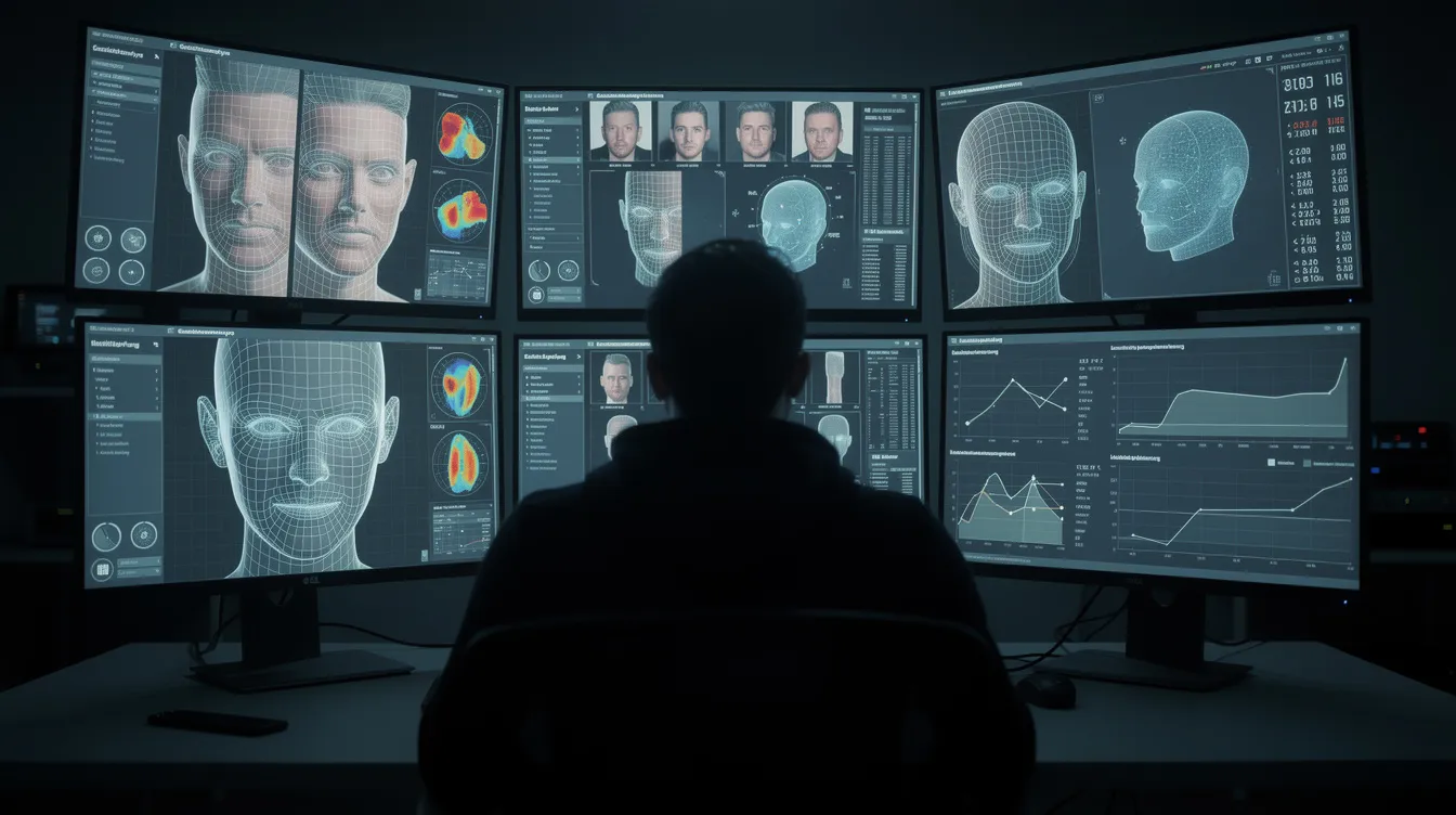 Eine Person sitzt in einem abgedunkelten Raum vor mehreren Bildschirmen und analysiert digitale Gesichtsanalysen, während sie die Ergebnisse von KI-Tools betrachtet. Die Bildschirme zeigen verschiedene Darstellungen und Filter, die zur Bewertung und Sortierung von Inhalten verwendet werden.