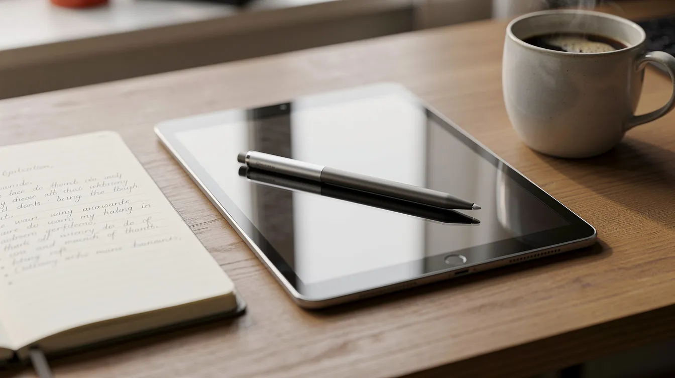 Auf dem Schreibtisch liegt ein Tablet mit digitalem Stift, daneben befindet sich ein Notizbuch und eine Kaffeetasse. Diese Anordnung vermittelt einen kreativen Arbeitsbereich, ideal für die Nutzung von KI-Technologien und Apps, um alltägliche Fragen zu beantworten.