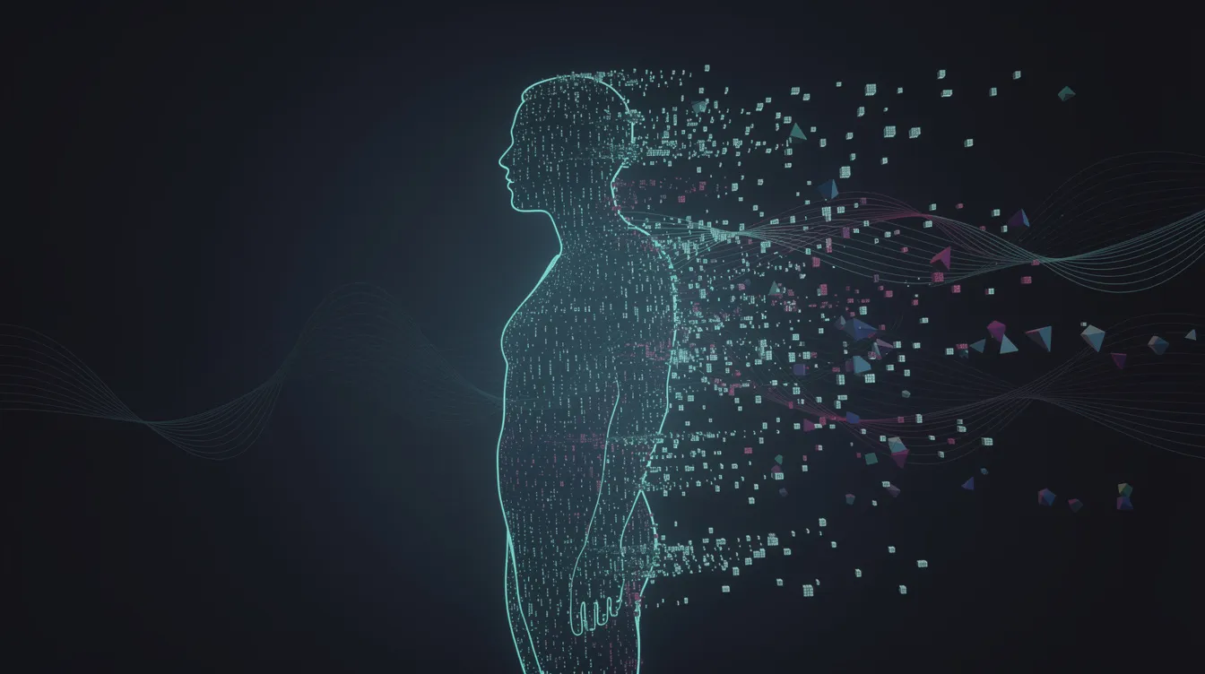 Die abstrakte Darstellung zeigt die digitale Silhouette einer Person, die sich in zahlreiche Datenpunkte auflöst und somit symbolisch für digitale Identität und Privatsphäre steht. Diese visuelle Interpretation verdeutlicht die Verbindung zwischen Technologie und den Herausforderungen der digitalen Welt.