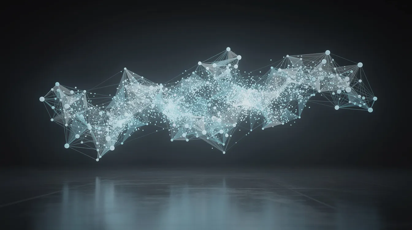 Die abstrakte Darstellung zeigt ein leuchtendes neuronales Netzwerk, das in einem dunklen Raum schwebt, mit feinen Verbindungslinien zwischen hellen Knotenpunkten, was die Komplexität und das Potenzial der künstlichen Intelligenz symbolisiert. Dieses Bild spiegelt die Fortschritte in der KI-Entwicklung wider und regt zur Diskussion über die Auswirkungen und Herausforderungen der künstlichen Superintelligenz an.