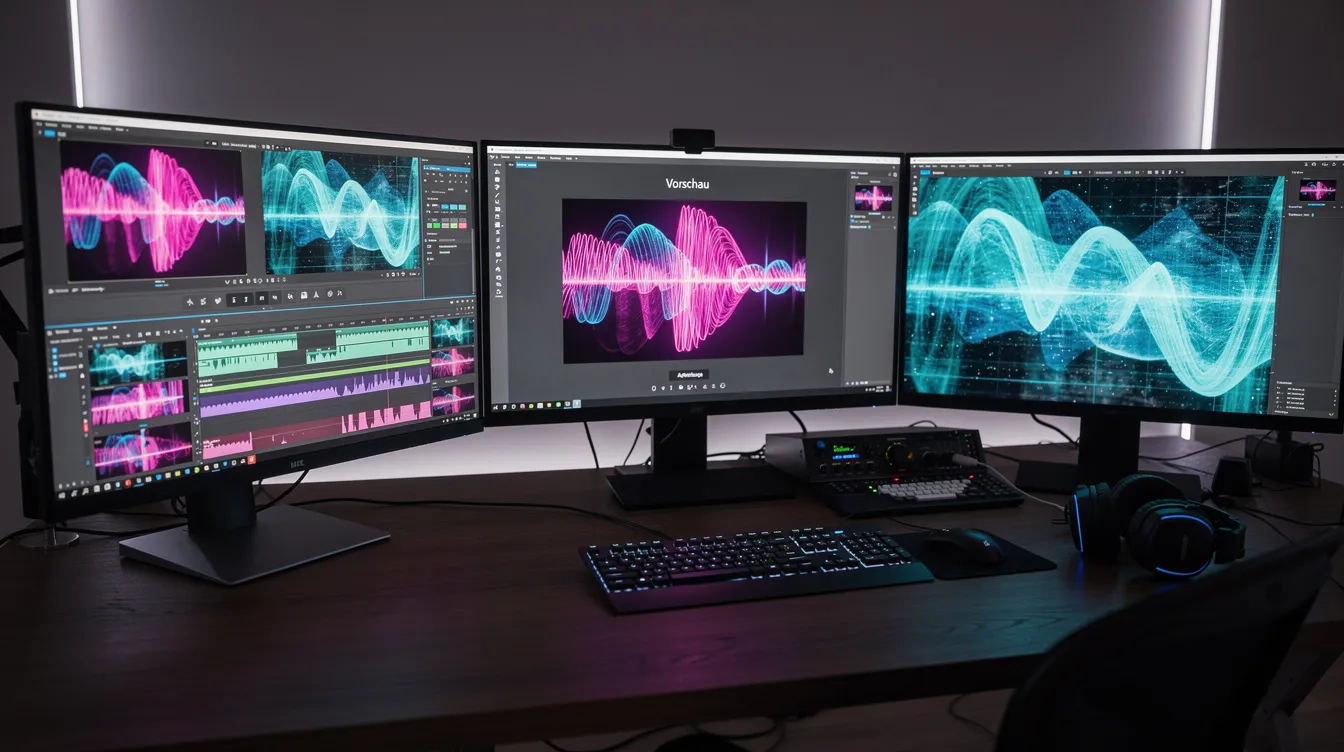 Das Bild zeigt ein kreatives Arbeitsumfeld mit mehreren Bildschirmen, auf denen farbenfrohe Videosequenzen und Wellenformen angezeigt werden, die für die Erstellung von Musikvideos mit KI genutzt werden. Die lebhaften Visuals und die dynamischen Designs deuten auf eine kreative Atmosphäre hin, die für Content Creator und Musikschaffende inspirierend ist.