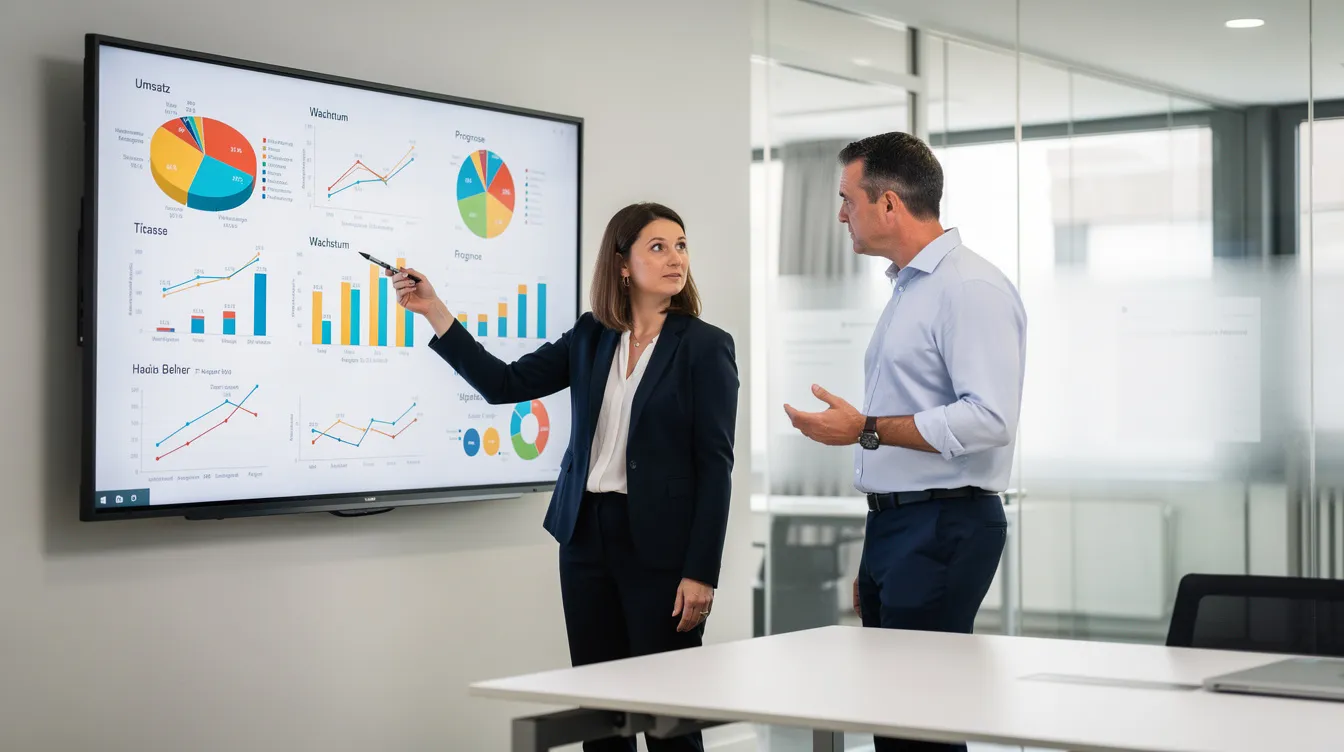 Zwei Personen stehen in einem modernen Büro und diskutieren angeregt vor einem großen Bildschirm, der verschiedene Diagramme zeigt, die möglicherweise mit KI-Entwicklung und Datenanalysen in Verbindung stehen. Die Atmosphäre ist professionell und die Mitarbeiter scheinen an einem Projekt zur Programmierung von KI-Tools zu arbeiten.