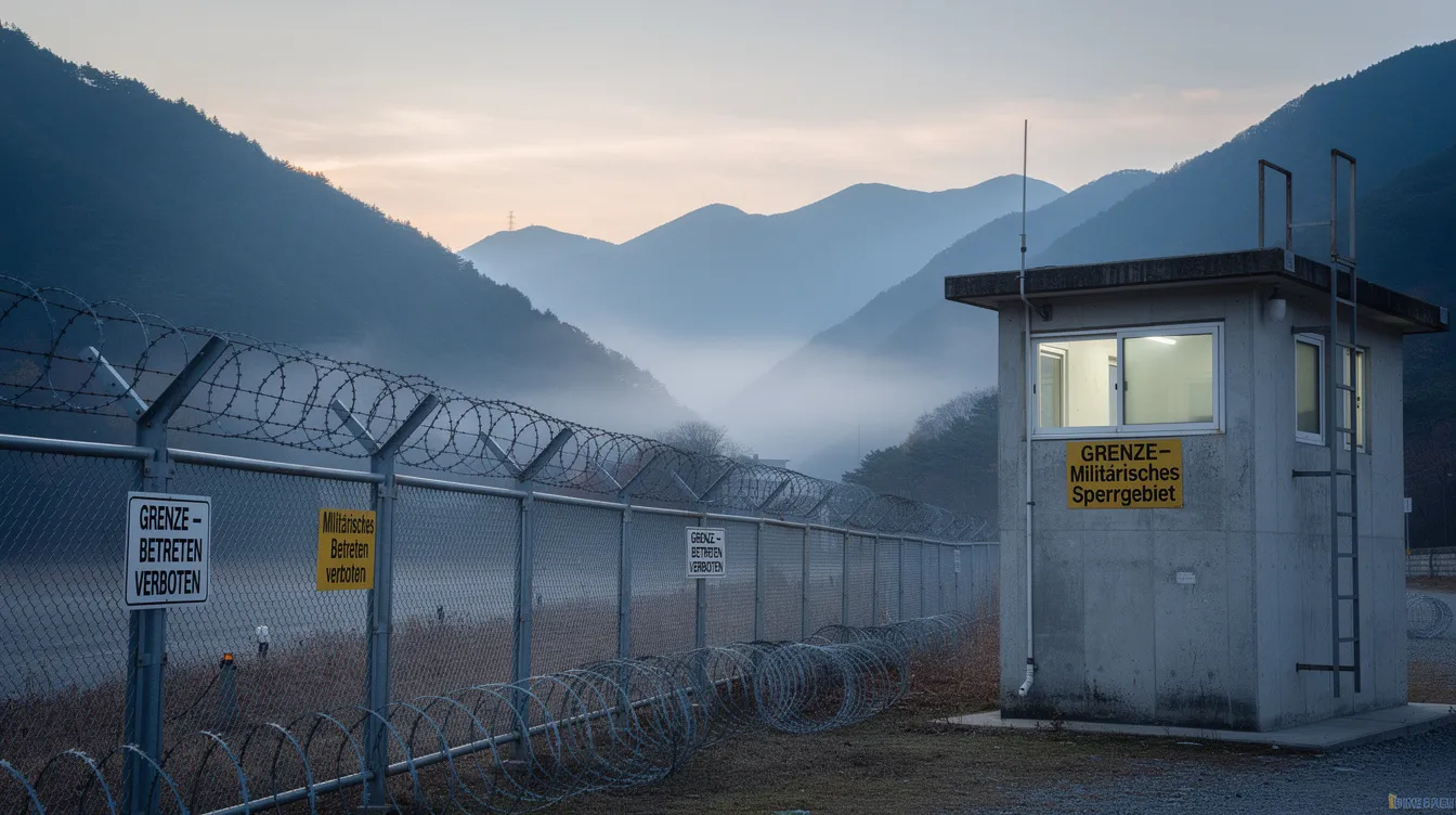 Die koreanische Berglandschaft zeigt einen Grenzposten, umgeben von Stacheldraht, im sanften Licht des Morgengrauens. Im Hintergrund sind majestätische Berge zu sehen, die die Geschichte und Kultur Südkoreas widerspiegeln.
