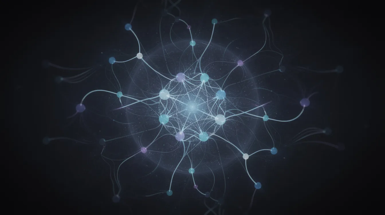 Die abstrakte Darstellung zeigt ein neuronales Netzwerk mit leuchtenden Knoten und Verbindungslinien auf einem dunklen Hintergrund, das die komplexen Strukturen und Interaktionen von AI-Modellen veranschaulicht. Diese visuelle Interpretation von Deep Learning und künstlicher Intelligenz vermittelt ein Gefühl für die Dynamik und die Möglichkeiten von Modellen in der Datenanalyse.