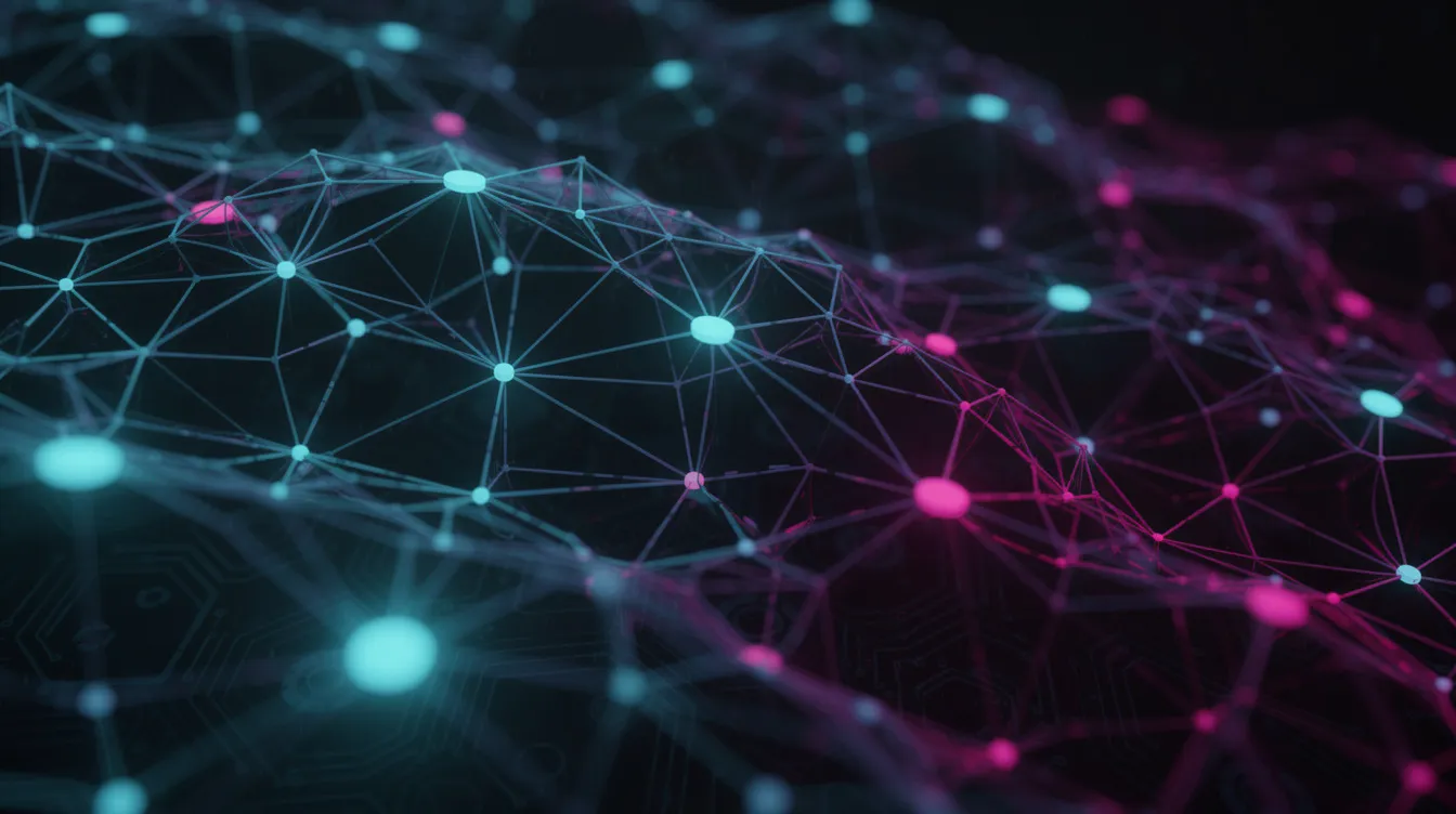 Die abstrakte Darstellung eines neuronalen Netzwerks zeigt leuchtende Knotenpunkte und Verbindungen, die vor einem dunklen Hintergrund pulsieren. Diese visuelle Komposition symbolisiert die komplexen Prozesse der KI-Technologien und deren Anwendung in modernen Tools und Generatoren.
