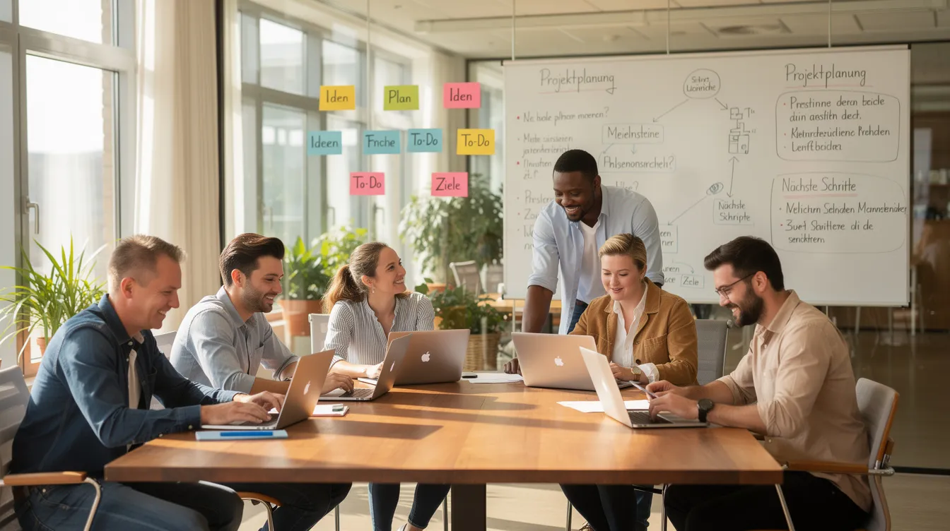 In einem modernen Büro arbeiten mehrere Mitarbeiter konzentriert an ihren Laptops, umgeben von Post-its und Whiteboards, die kreative Ideen und Aufgaben darstellen. Diese Umgebung fördert die Zusammenarbeit und den Austausch von Informationen, unterstützt durch innovative Technologien und KI-gestützte Lösungen.