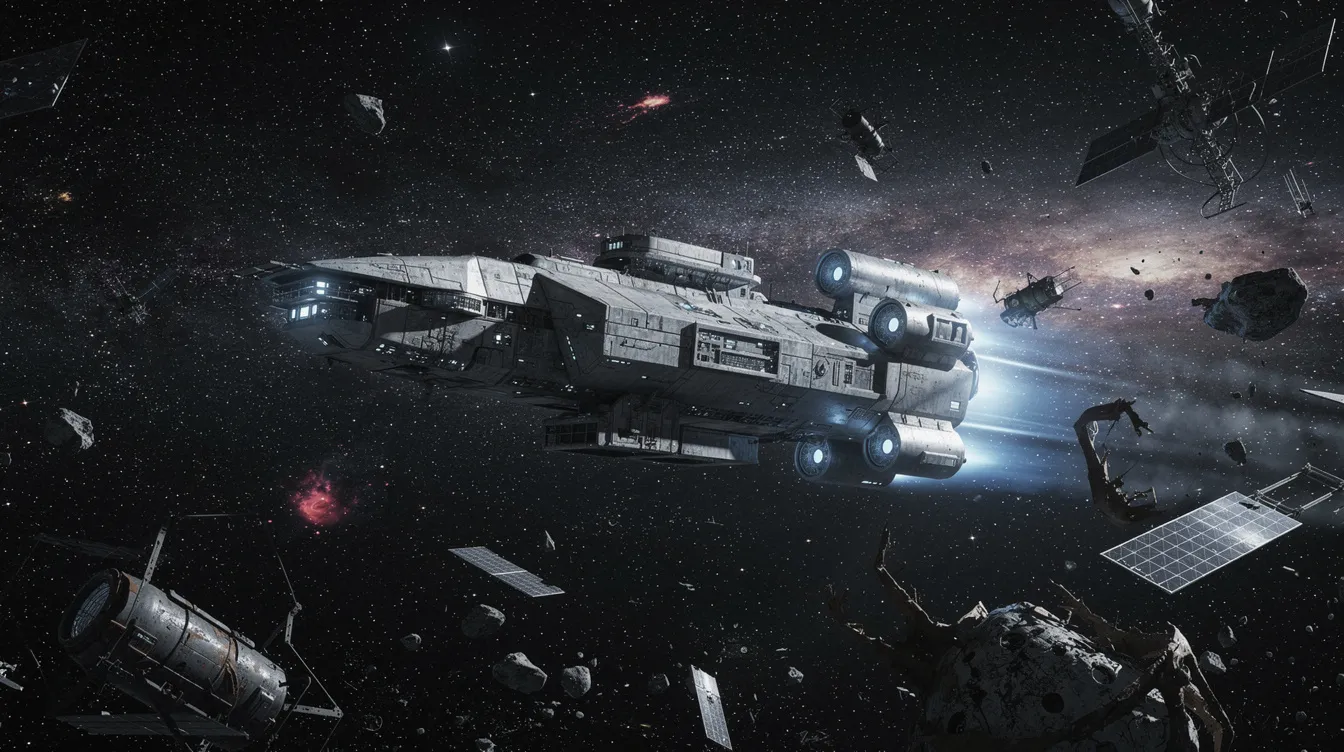 Ein futuristisches Raumschiff schwebt majestätisch vor einem funkelnden Sternenhimmel, umgeben von Weltraumschrott, der die Weiten des Universums widerspiegelt. Diese Szene könnte in einem Science-Fiction-Film vorkommen, in dem die Abenteuer eines mutigen Schauspielers, wie Song Joong Ki, im Mittelpunkt stehen.