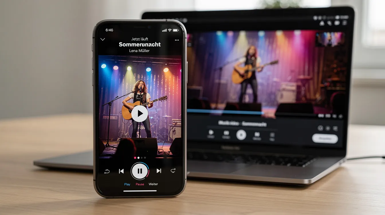 Ein Smartphone zeigt ein vertikales Musikvideo im Hochformat, während im Hintergrund ein Laptop die gleiche Szene im Querformat präsentiert. Diese Darstellung verdeutlicht die Nutzung von KI-Tools zur Erstellung von Musikvideos, die sowohl für TikTok als auch für Instagram Reels geeignet sind.