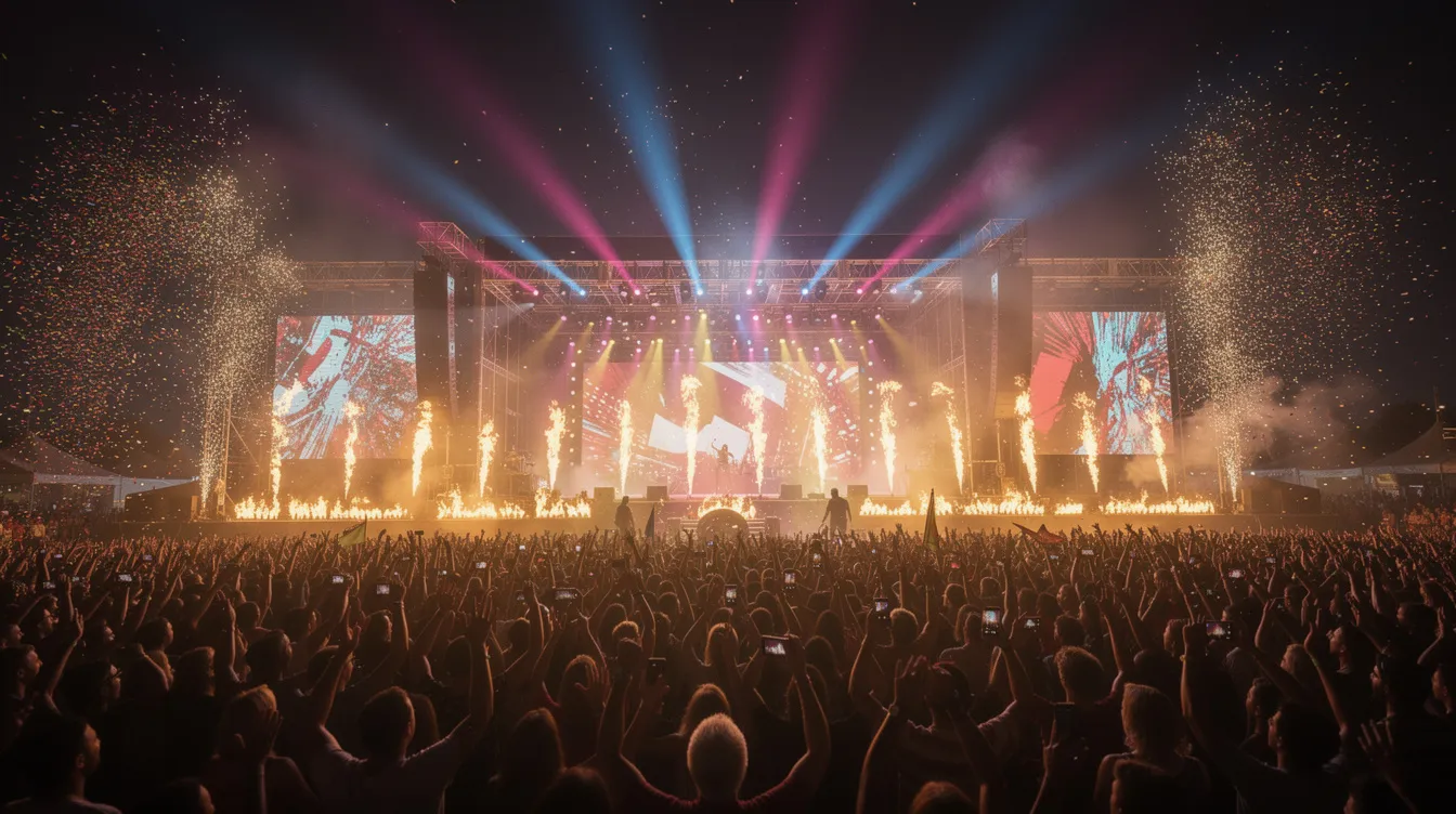 Die große Festivalbühne erstrahlt bei Nacht in bunten Lichtern und beeindruckender Pyrotechnik, während eine große Menschenmenge die Musik des DJs genießt. Die Atmosphäre ist geprägt von einem pulsierenden Vibe, der an die besten Tracks aus Amsterdam erinnert.