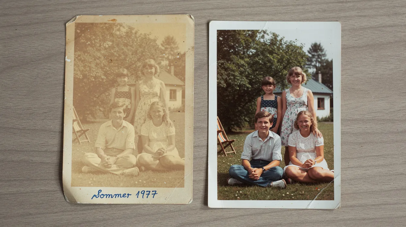 Die Nahaufnahme zeigt ein vergilbtes Farbfoto aus den 1970er Jahren, das neben einer farbkorrigierten Version desselben Bildes platziert ist. Die restaurierte Version hebt die ursprünglichen Farben und Details hervor, während das alte Foto Anzeichen von Verblassen und Beschädigungen aufweist.