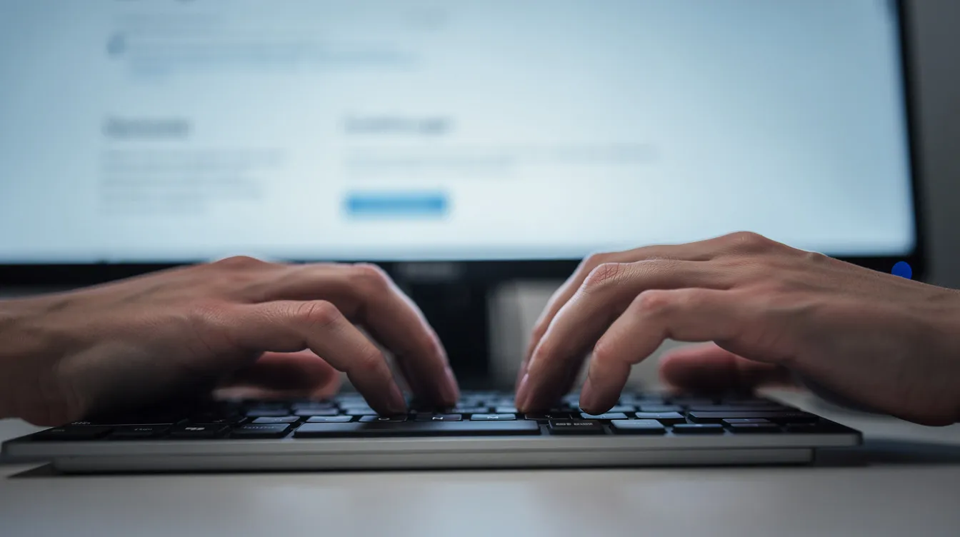 Eine Nahaufnahme von Händen, die auf einer Tastatur tippen, während ein leuchtender Bildschirm im Hintergrund sichtbar ist. Diese Szene vermittelt den Eindruck von produktiver Arbeit, möglicherweise mit einem Schreibassistenten oder Übersetzungstool, das in einem modernen Unternehmensumfeld genutzt wird.