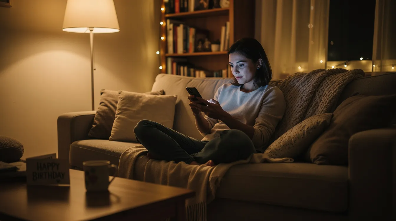Eine Person sitzt gemütlich auf einem Sofa und tippt in der warmen, sanften Beleuchtung einer Nacht eine Geburtstagsnachricht auf ihrem Smartphone. Die Szene strahlt eine entspannte Atmosphäre aus, während sie kreative Geburtstagswünsche für das Geburtstagskind formuliert.