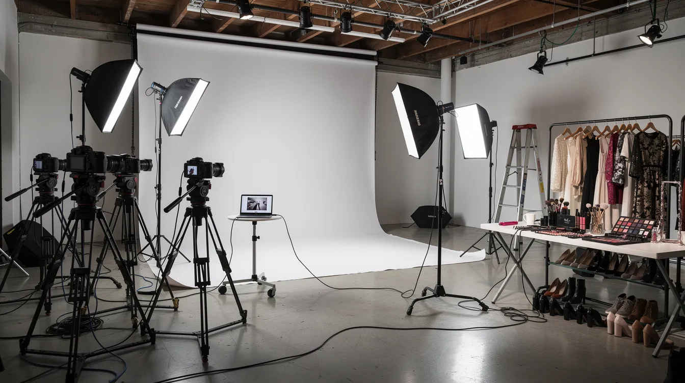 Das Bild zeigt ein professionelles Fotostudio, ausgestattet mit Kameras, Lichtanlagen und Styling-Equipment, ideal für ein Mode-Fotoshooting. Die Anordnung der Geräte und die Beleuchtung schaffen eine kreative Atmosphäre, die für die Präsentation von Models und Modeartikeln in sozialen Medien oder Werbekampagnen genutzt wird.