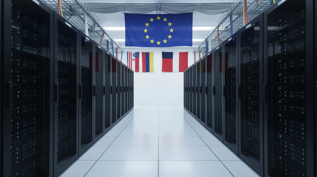 Das Bild zeigt ein modernes Rechenzentrum mit mehreren Server-Racks in einem hellen und sauberen Raum, während im Hintergrund europäische Flaggen wehen. Diese Umgebung symbolisiert die Entwicklung und Anwendung von KI-Technologien in einem europäischen Kontext.