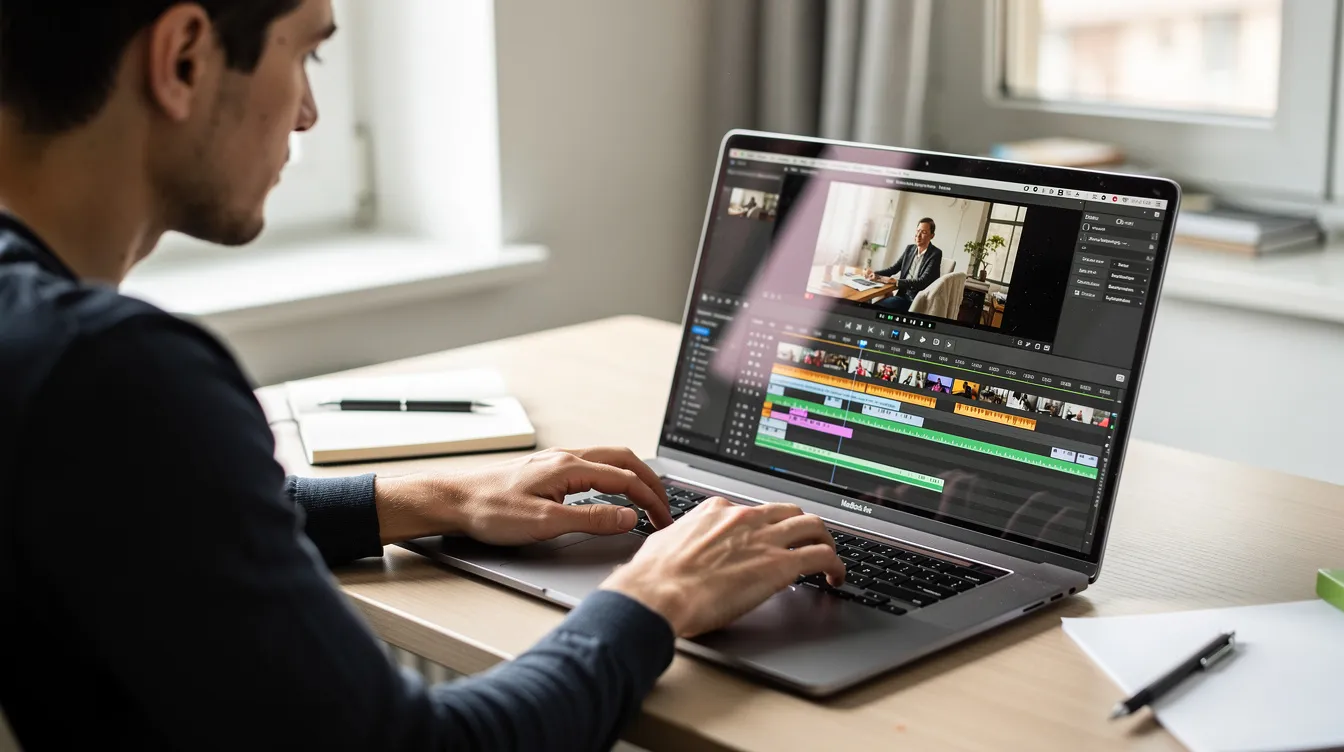 Eine Person sitzt an einem Laptop und arbeitet an einem Video-Editing-Interface, das verschiedene Werkzeuge zur Videobearbeitung zeigt. Auf dem Bildschirm sind Elemente sichtbar, die auf die Nutzung von KI-gestützten Tools zur Erstellung von Inhalten hinweisen, wie etwa Text-zu-Video und Lippensynchronisation.