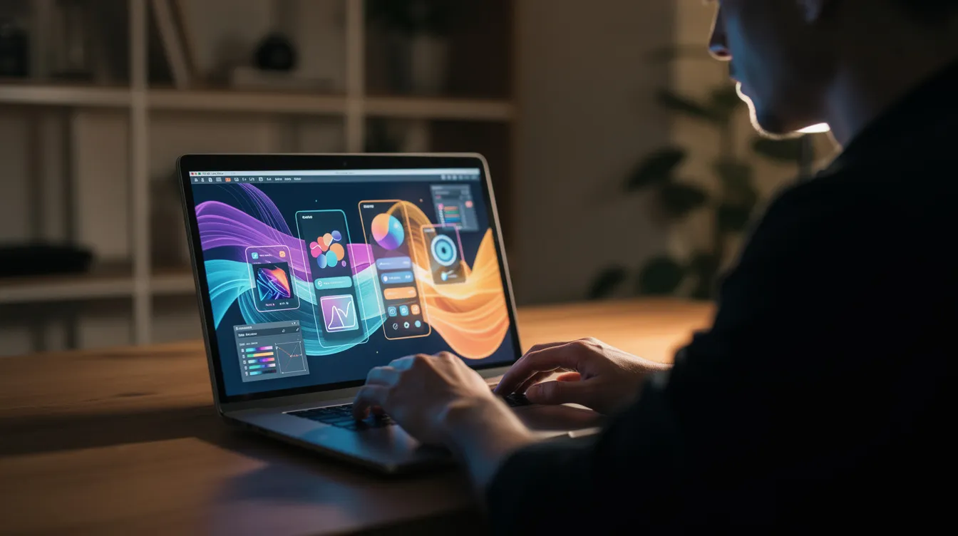 Eine Person sitzt an einem Laptop und arbeitet an kreativen digitalen Projekten, während auf dem Bildschirm verschiedene künstlerische Elemente und Influencer-Inhalte angezeigt werden. Die Szene vermittelt den Eindruck von dynamischer Content Creation und digitalem Marketing, passend für einen KI-Influencer.