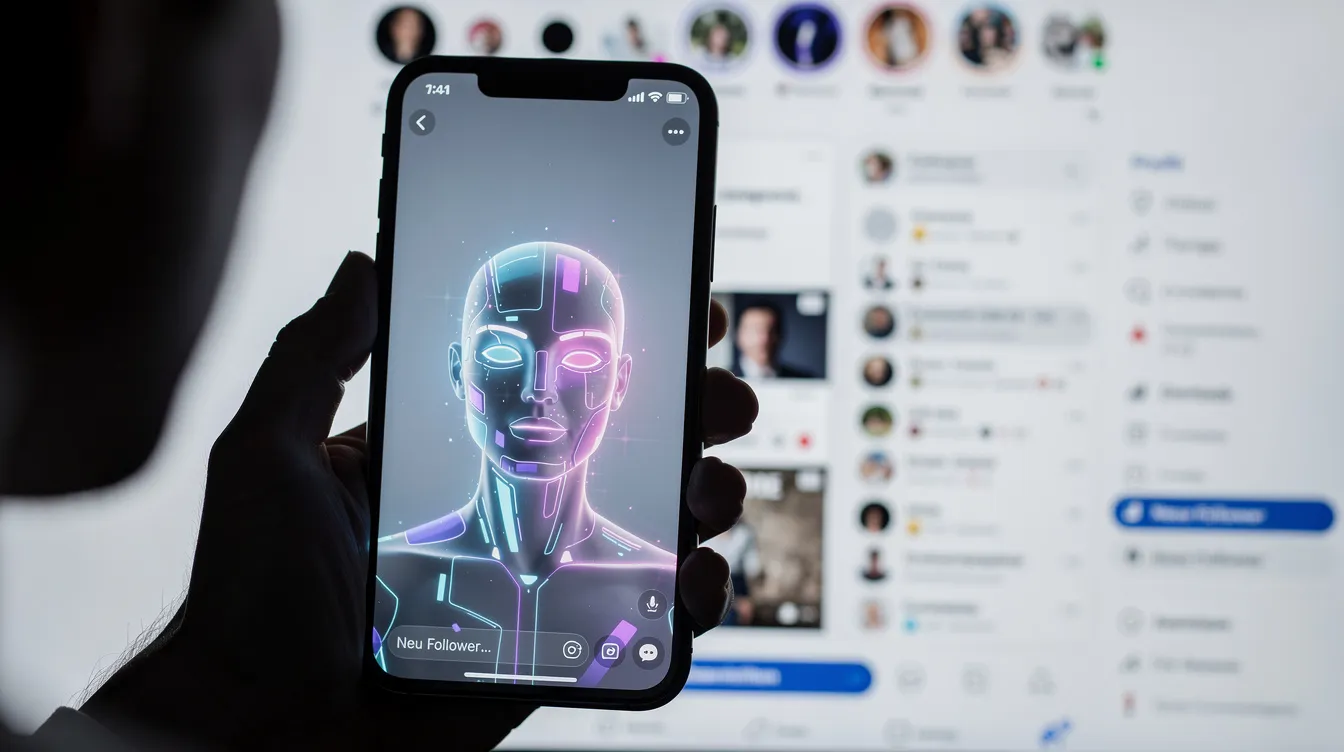 Auf dem Smartphone-Bildschirm ist eine digitale Persona zu sehen, die als KI-Influencer fungiert, umgeben von einem Social-Media-Interface. Diese Darstellung zeigt, wie moderne Influencer-Generatoren in der Content Creation und im Marketing eingesetzt werden, um ansprechende Inhalte für Plattformen wie Instagram und TikTok zu erstellen.