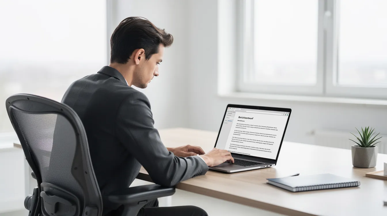 In einer modernen Büroumgebung sitzt eine Person konzentriert an einem Laptop und bearbeitet Texte mit einem Schreibassistenten. Umgeben von einem aufgeräumten Arbeitsplatz, nutzt sie KI-Technologie, um ihre Inhalte effizient zu erstellen und zu optimieren.