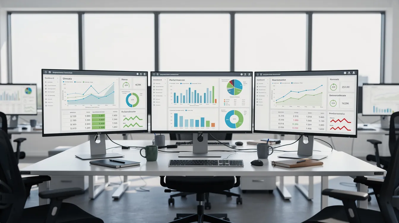 Das Bild zeigt ein modernes Büro, in dem mehrere Bildschirme mit Dashboards und Datenvisualisierungen zu sehen sind. Diese Displays präsentieren wichtige Informationen und Analysen, die für die Entscheidungsfindung in Unternehmen mithilfe von KI-Systemen und -Tools relevant sind.