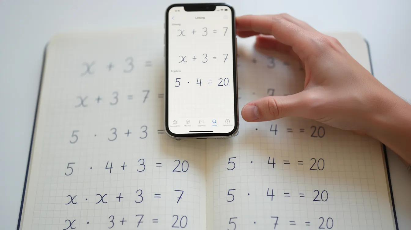 Eine Nahaufnahme zeigt eine Hand, die ein Smartphone über eine handgeschriebene Matheaufgabe in einem Heft hält. Diese Darstellung verdeutlicht die Nutzung moderner Tools zur Unterstützung bei Mathe Hausaufgaben und das Lernen von mathematischen Konzepten.