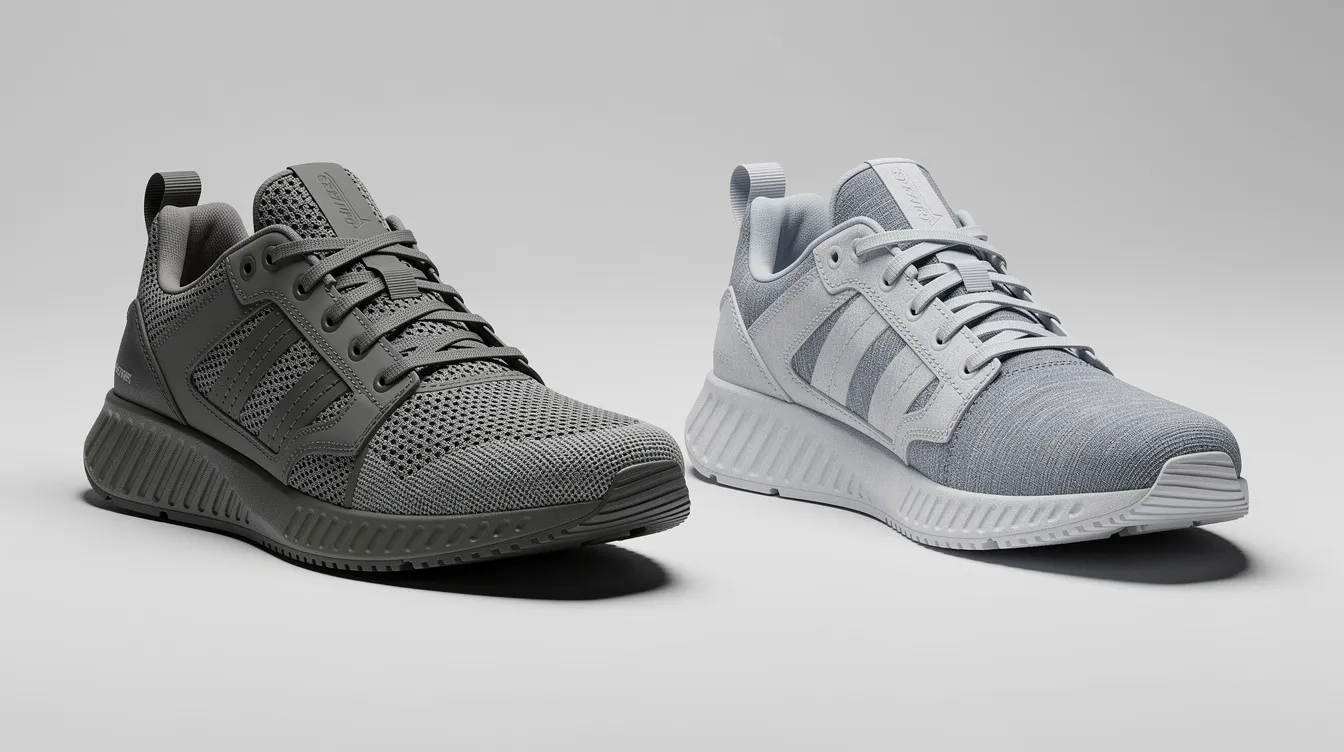 Das Bild zeigt einen Turnschuh, der neben seinem detaillierten 3D-Modell platziert ist. Das 3D-Modell weist sichtbare Texturen und Materialien auf, die durch die 3D-Generierung und KI-Texturierung erstellt wurden.