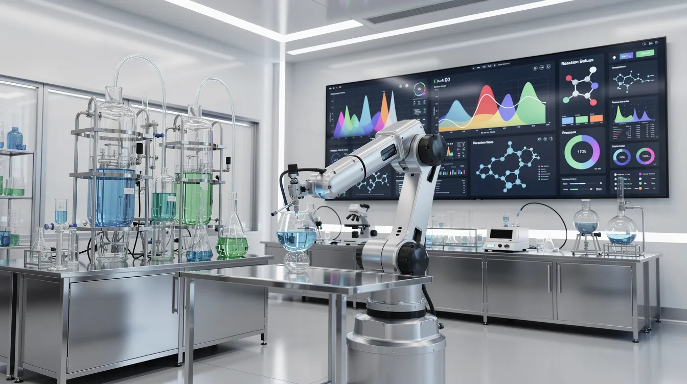 Das Bild zeigt ein modernes Chemielabor, ausgestattet mit einem Roboterarm und digitalen Bildschirmen, die neben verschiedenen Glasgeräten platziert sind. Diese innovative Umgebung unterstützt Chemiker und Forschende bei der Lösung von Chemieproblemen und der Durchführung von Reaktionen mithilfe von künstlicher Intelligenz.