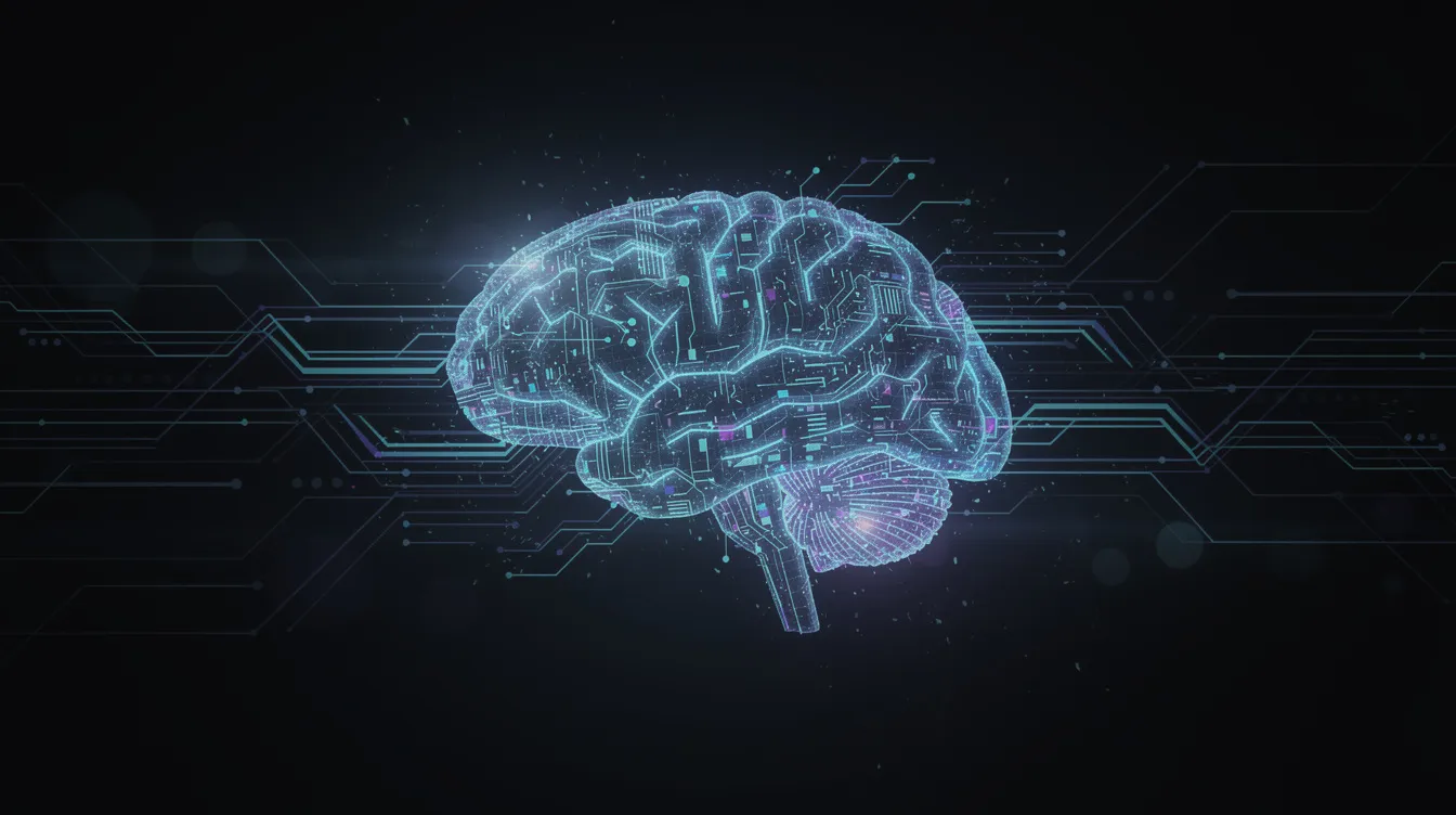 Die abstrakte Darstellung eines digitalen Gehirns zeigt leuchtende Verbindungslinien, die auf einem dunklen Hintergrund angeordnet sind und die Komplexität von künstlicher Intelligenz symbolisieren. Diese visuelle Interpretation verdeutlicht die Vernetzung und das Lernen von KI-Systemen, die in verschiedenen Bereichen Anwendung finden.
