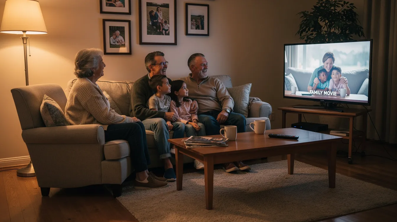 In einem gemütlichen Wohnzimmer sitzen mehrere Menschen verschiedener Generationen, darunter Kinder, Eltern und Großeltern, gemeinsam vor einem Fernseher und schauen eine Serie. Die Atmosphäre ist warm und familiär, während sie die Geschichten und Erlebnisse aus "öyle bir geçer zaman ki" genießen.