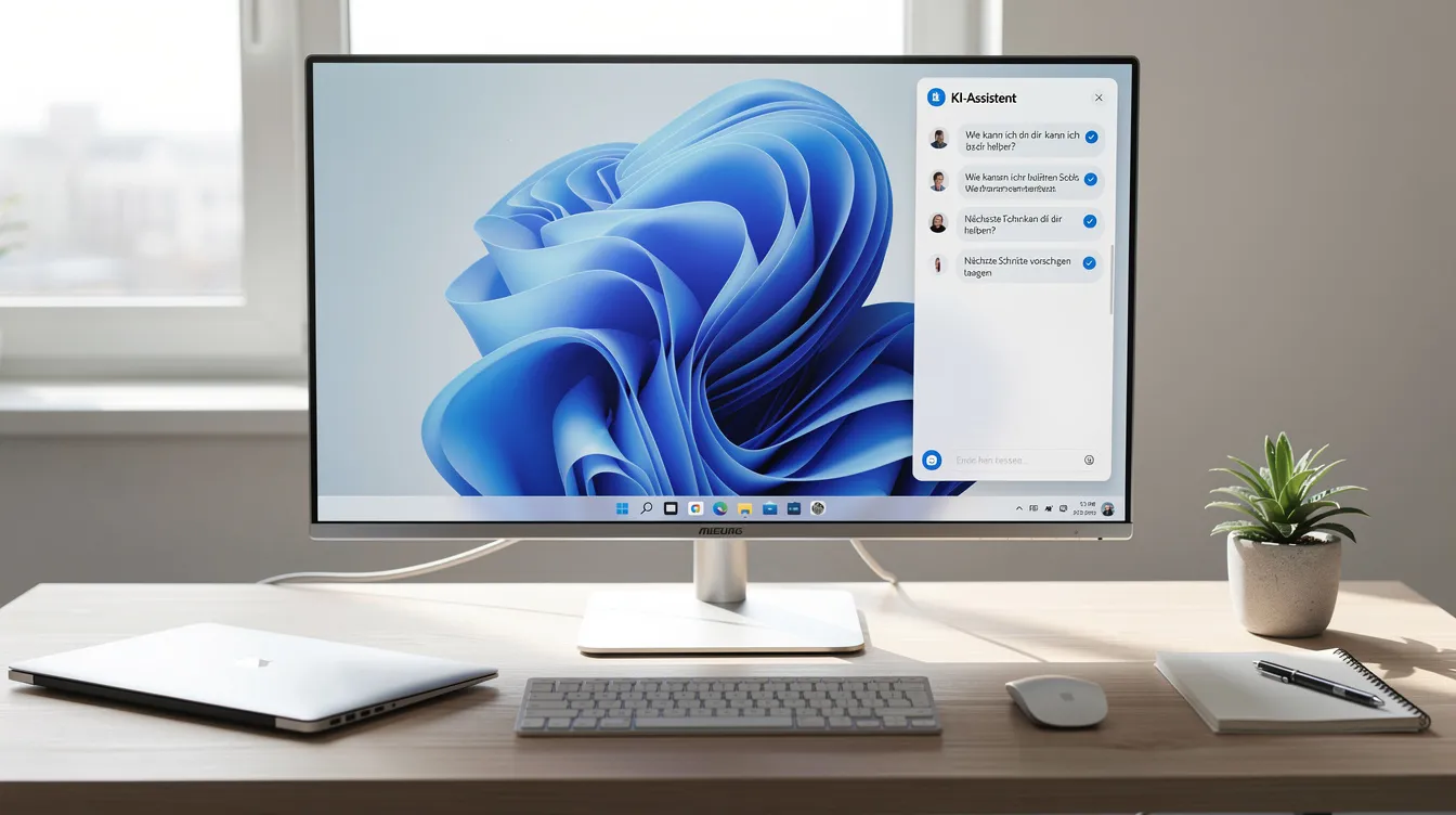 Das Bild zeigt einen modernen PC-Arbeitsplatz mit einem Windows 11 Desktop, auf dem eine Seitenleiste für einen KI-Assistenten sichtbar ist. Die Benutzeroberfläche ist darauf ausgelegt, die Produktivität zu steigern und bietet Funktionen für E-Mails, Dokumente und Programmierung, unterstützt durch Technologien wie Microsoft Copilot und KI-Modelle.