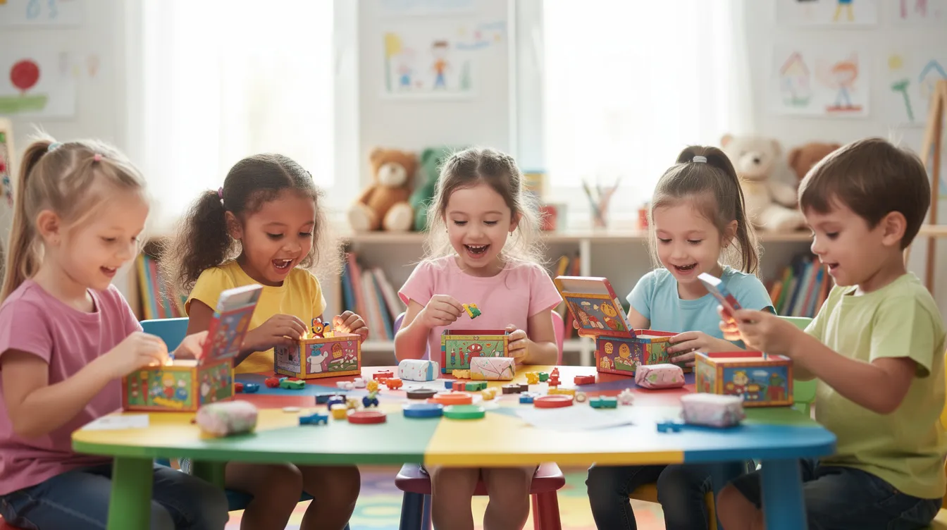 Auf dem Bild sitzen fröhliche Kinder an einem bunten Tisch und öffnen begeistert kleine Spielzeugboxen aus einem aktuellen McDonald's Happy Meal. Die Atmosphäre strahlt Abenteuer und Freude aus, während die Kinder die verschiedenen Spielzeuge entdecken.