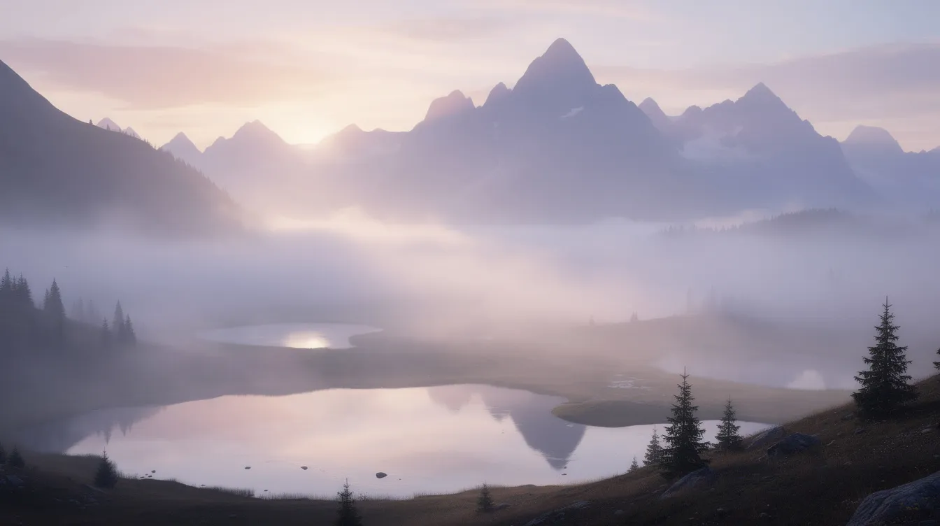 Eine stimmungsvolle KI-generierte Berglandschaft zeigt einen Sonnenaufgang mit sanften pastellfarbenen Tönen, während der Nebel sanft im Tal schwebt. Diese beeindruckende Szenerie vermittelt ein Gefühl von Ruhe und Harmonie in der Natur.