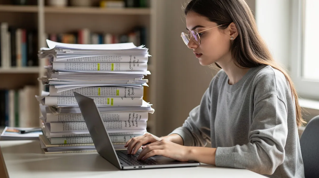 Eine Studentin sitzt konzentriert an ihrem Laptop und arbeitet an ihren Forschungsarbeiten, während neben ihr ein Stapel gedruckter PDF-Dokumente liegt. Sie nutzt KI-Tools, um die wesentlichen Informationen und Ergebnisse effizient zusammenzufassen.