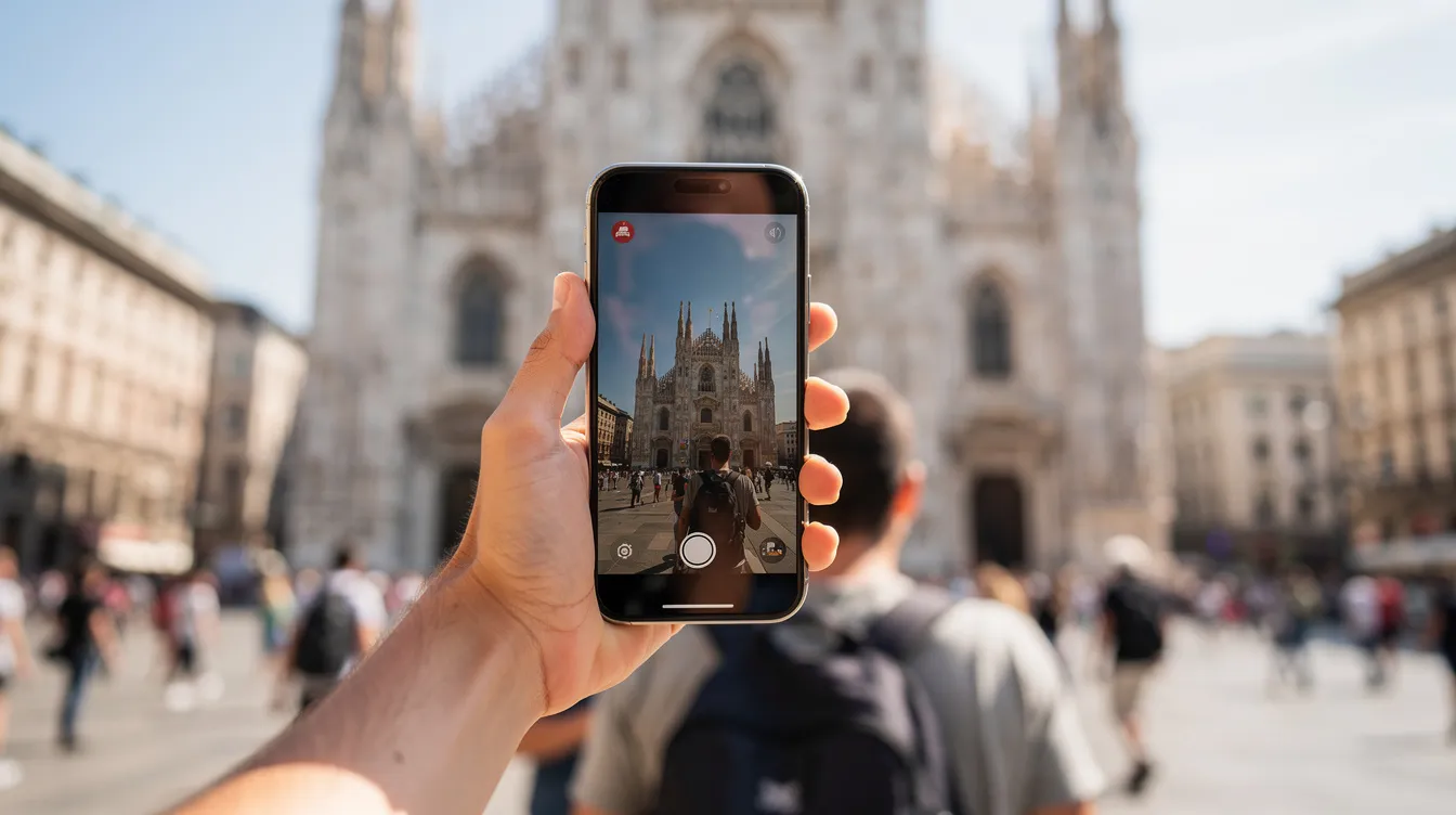 Eine Person hält ein Smartphone mit aktivierter Kamera vor eine Sehenswürdigkeit, um eine bildersuche durchzuführen. Die Funktion ermöglicht es ihr, Informationen über den Kontext und die Herkunft des Objekts zu erhalten, während sie das Kamerasymbol auf dem Bildschirm betrachtet.
