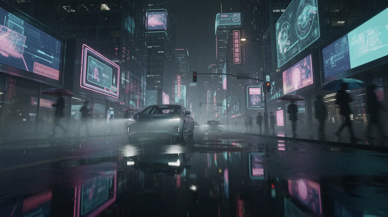 Die futuristische Stadtszene bei Nacht zeigt leuchtende Neonlichter, die auf den regennassen Straßen reflektieren, und vermittelt eine Atmosphäre, die an KI-generierte Videos erinnert. Die Umgebung ist lebhaft und modern, mit futuristischen Gebäuden und einer Vielzahl von Objekten, die das Potenzial der künstlichen Intelligenz widerspiegeln.