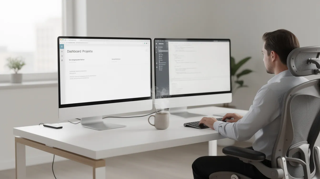 Eine Person sitzt an einem modernen Arbeitsplatz mit zwei Bildschirmen, auf denen verschiedene Anwendungen geöffnet sind, während sie eine Tasse Kaffee in der Hand hält. Der Arbeitsplatz ist mit Technologien wie Microsoft 365 und KI-Funktionen ausgestattet, die die Effizienz bei der Bearbeitung von E-Mails und Aufgaben unterstützen.