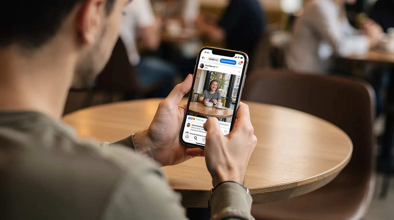 Eine Person sitzt in einem Café und hält ein Smartphone im Hochformat, während sie ein kurzes Video im Social-Media-Feed anschaut. Der Fokus liegt auf der Interaktion mit generierten Videos und Social Media Inhalten, die für Marketingzwecke genutzt werden könnten.