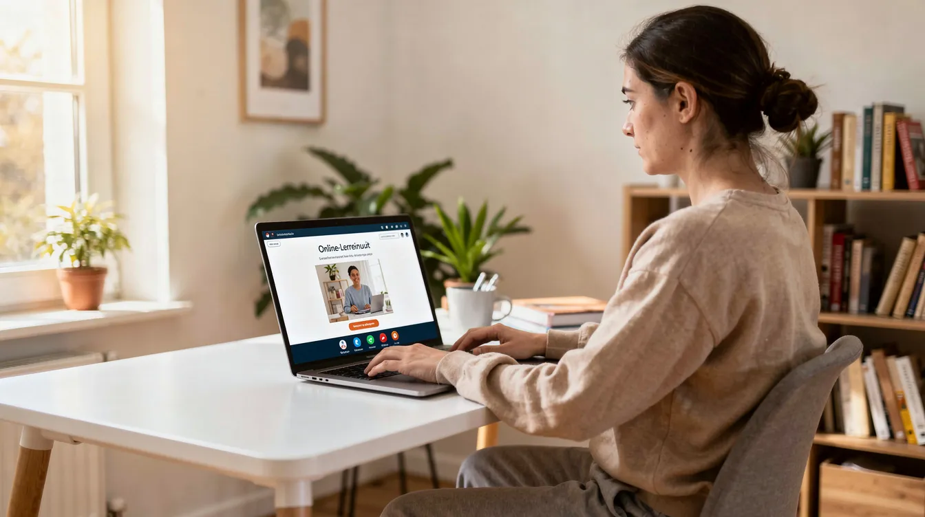 Eine Person sitzt an einem Laptop in einem hellen Homeoffice und nimmt an einer Online-Lerneinheit zum Thema künstliche Intelligenz teil. Der Raum ist hell erleuchtet und vermittelt eine produktive Atmosphäre für die Weiterbildung im Bereich KI-Management und -Strategien.