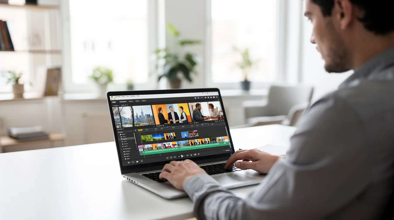 Eine kreative Person sitzt an einem Laptop in einem modernen, hellen Büro, während auf dem Bildschirm verschiedene Videoszenen zu sehen sind. Diese Darstellung zeigt die Nutzung von KI-Tools zur Videoproduktion und -erstellung, ideal für Social Media Inhalte.