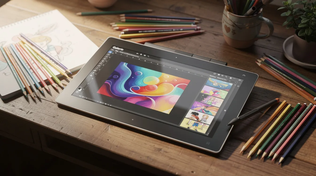 Ein kreativer Arbeitsplatz ist zu sehen, der ein Tablet, Farbstifte und digitale Kunstwerke auf dem Bildschirm zeigt. Die Umgebung strahlt eine inspirierende Stimmung aus, die zum Erstellen von KI-Kunst und digitalen Bildern einlädt.