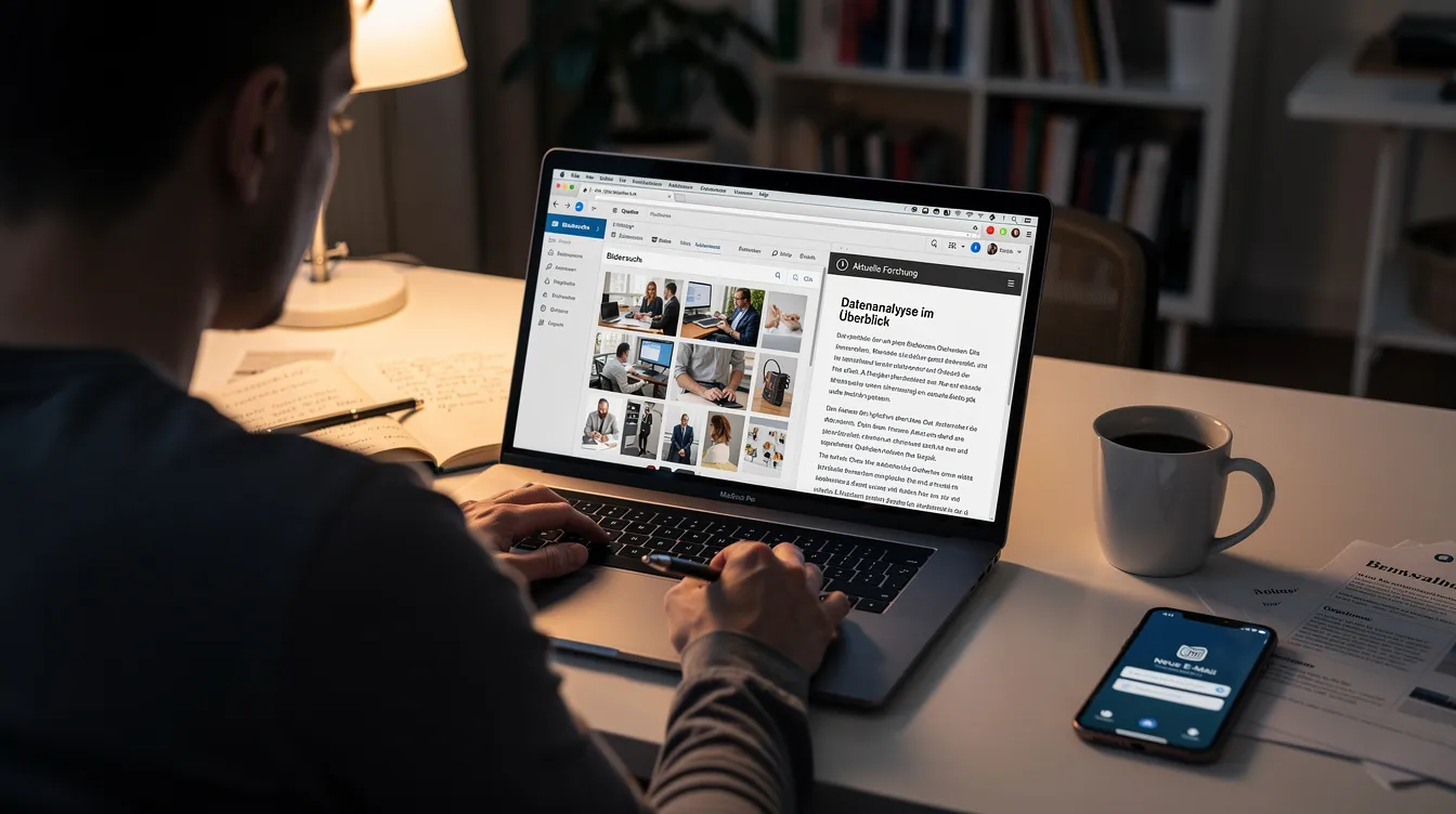 Eine Person sitzt an einem Laptop und recherchiert, während sie mehrere Browser-Tabs mit Bildern geöffnet hat. Auf dem Bildschirm sind verschiedene Suchergebnisse und Bilder zu sehen, die für die Rückwärtssuche und die Bildersuche genutzt werden können.