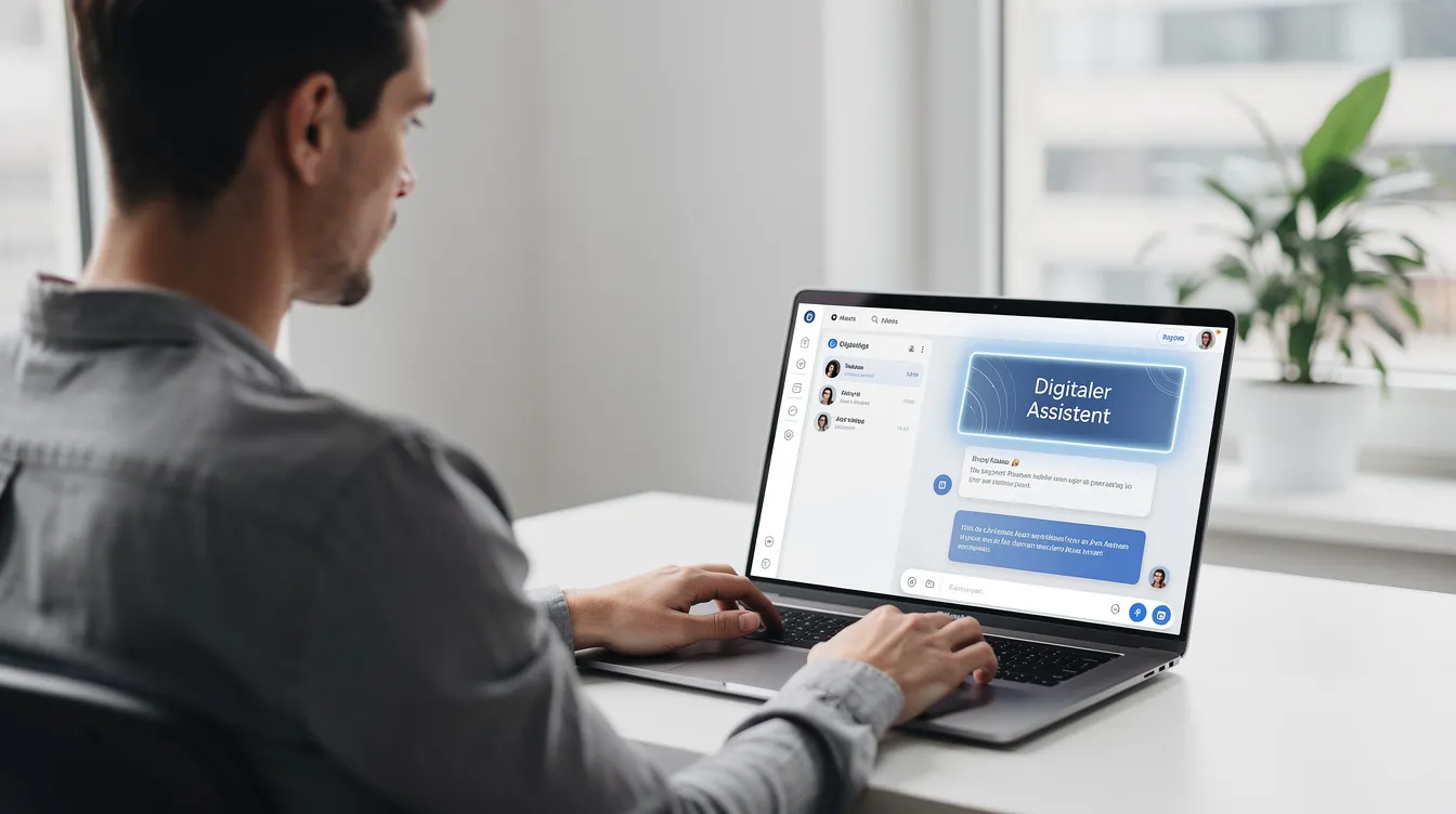 Eine Person arbeitet an einem modernen Arbeitsplatz mit einem Laptop, auf dessen Bildschirm eine digitale Assistenz-Visualisierung zu sehen ist, die Funktionen von Microsoft Copilot und KI-Assistenten integriert. Die Umgebung spiegelt das KI-Zeitalter wider, in dem Produktivität und Unterstützung durch künstliche Intelligenz im Fokus stehen.