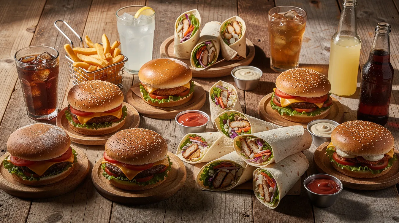 Auf einem rustikalen Holztisch sind verschiedene Burger, Wraps und erfrischende Getränke appetitlich angerichtet, die die Vielfalt der McDonald's Produkte präsentieren. Diese Anordnung lädt dazu ein, die aktuellen Specials und Aktionen in den Restaurants zu entdecken.